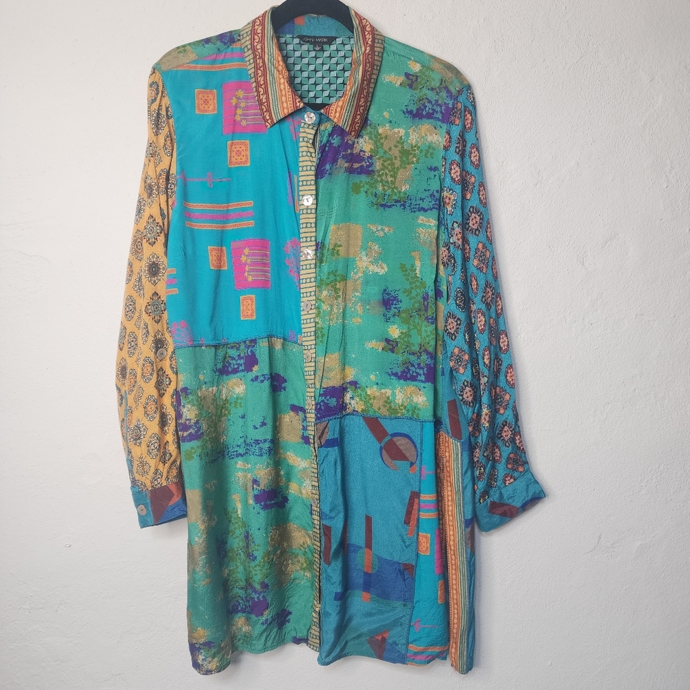 John Mark Abstract Patchwork Viscose Button Front… - image 1